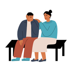 A woman comforting a sad crying man. Grieve people sitting on a bench. Vector flat illustration