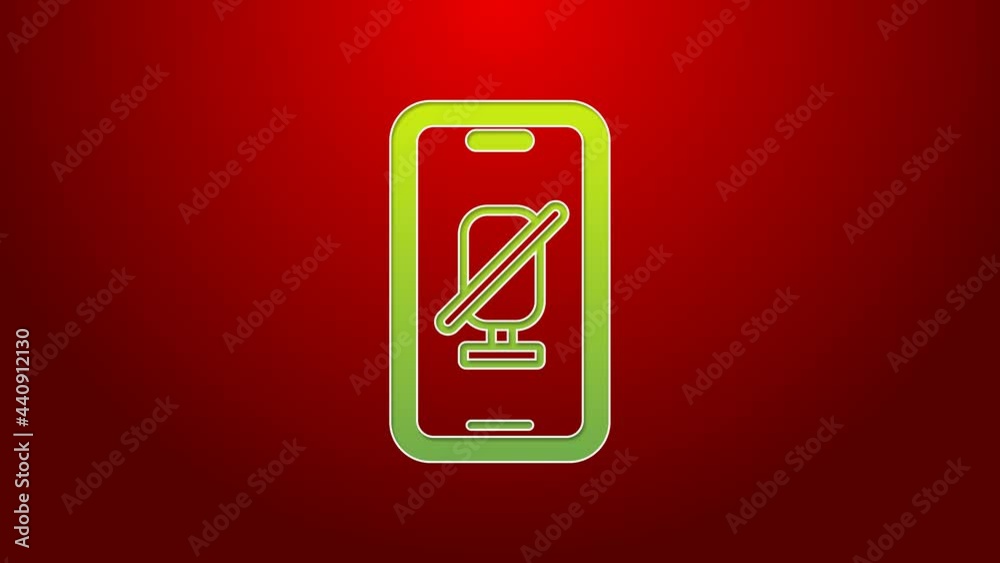 Sticker Green line Mute microphone on mobile phone icon isolated on red background. Microphone audio muted. 4K Video motion graphic animation