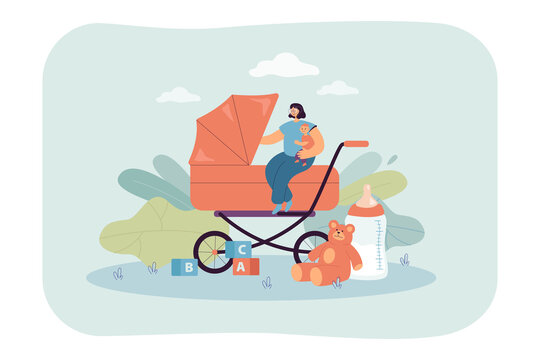 Tiny babysitter sitting on buggy and holding child. Newborn baby nursery, female helping mother flat vector illustration. Family, babysitting concept for banner, website design or landing web page