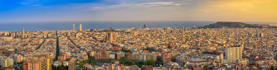 Fotobehang Barcelona Barcelona Spain, high angle view sunset panorama city skyline view from Bunkers del Carmel  © Noppasinw