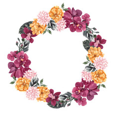 Watercolor floral wreath, isolated on white background