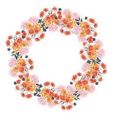 Watercolor floral wreath, isolated on white background