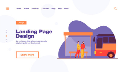 Fototapeta premium People waiting for bus at bus stop. Grandfather, vehicle, transport flat illustration. Transportation and urban lifestyle concept for banner, website design or landing web page