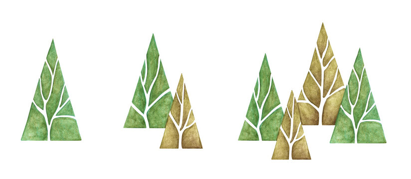 Set of Abstract forest trees. Isolated on white background. Watercolor illustration, Autumn trees.