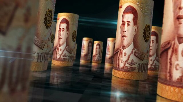 Thai Baht rolls loop 3d animation. Money on the table. Seamless and loopable abstract concept of economy, finance, business, recession and debt in Thailand. Camera between THB rolled banknotes.