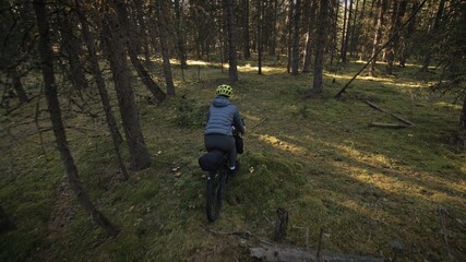 Fototapeta premium The woman travel on mixed terrain cycle touring with bike bikepacking outdoor. The traveler journey with bicycle bags. Stylish bikepacking, bike, sportswear in green black colors. Magic forest park.