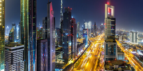 Dubai Sheikh Zayed Road Burj Khalifa Kalifa skyscraper building skyline architecture panorama in United Arab Emirates