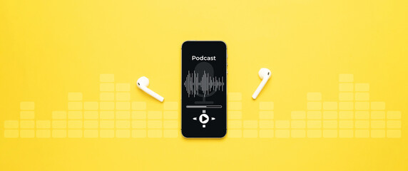 Podcast icon. Audio equipment with microphone, sound headphones, podcast application on mobile smartphone screen. Radio recording sound voice on yellow background. Broadcast media music concept.
