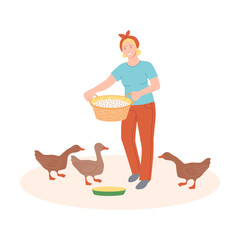 Woman Farmer Feeding Goose with Grain Vector Illustration