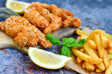 
 Crispy  deep fried   chicken strips  with sesame seeds and french fries . Breaded  with cornflakes chicken  breast fillets  with chilly peppers and fresh   basil on wooden rustic background