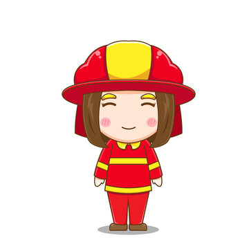 Cartoon illustration of cute fire fighter woman character.