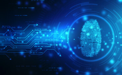 Fototapeta premium Abstract security system concept with fingerprint on technology background, Fingerprint Scanning Identification System. Biometric Authorization and Business Security Concept
