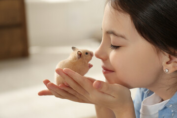 Little girl holding cute hamster at home, closeup - obrazy, fototapety, plakaty