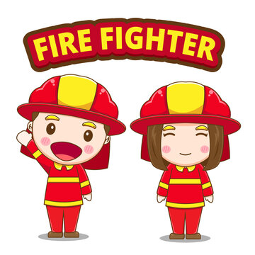 Set cartoon illustration of cute fire fighter character.