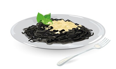 Cartoon of black squid ink pasta with topping and leaves of basil. Vector veggie macaroni served in plate with fork. Idea of italian food, luxury restaurant meal for one isolated on white