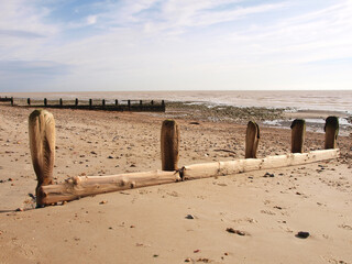 Worn wooden sea groynes on the beach