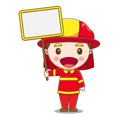 Cartoon illustration of cute fire fighter character holding empty board.