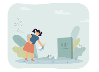 Little girl putting flowers on grave. Sad orphan character in cemetery, gravestone flat vector illustration. Death, family, funeral concept for banner, website design or landing web page