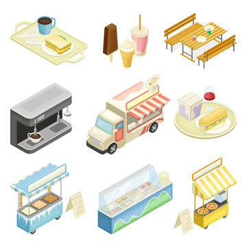 Food Court With Counters Of Multiple Food Vendors And Self-serve Dinner Area Isometric Vector Set