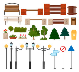 Urban and outdoor elements of the city. Lamp posts, trash cans, trees, flowers, bushes, benches, road signs Vector illustration isolated on white background.