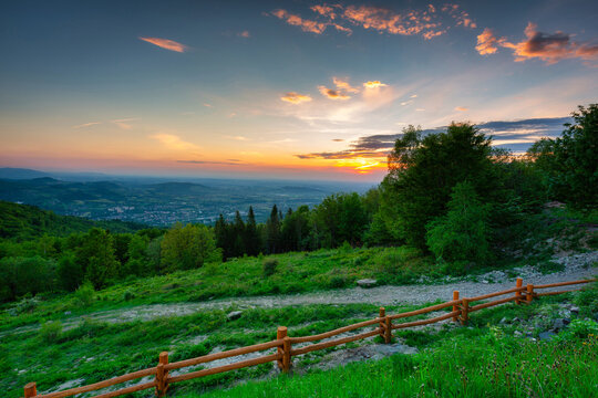 Amazing sunset from the Rownica peak with the Silesian Beskids view. Poland