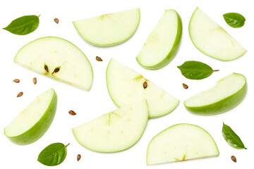 green apple with slices isolated on a white background. top view. clipping path