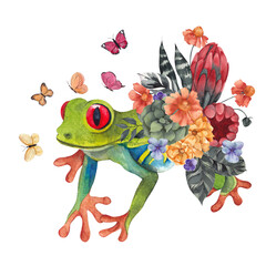 Watercolor illustration with frog, chameleon and flowers bouquet, isolated on white background