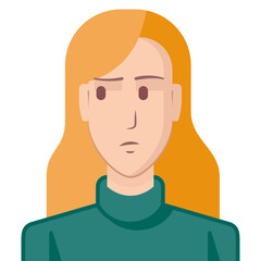 Avatar of young woman with distrust gesture, flat style. Illustration of a young businessman with a distrustful expression. The drawing is made in flat style.
