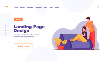 Happy young couple at home. Cheerful guy massaging shoulders of his girlfriend flat vector illustration. Relationship, comfort, relaxing concept for banner, website design or landing web page