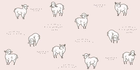 Seamless trendy pattern with style cartoon sheep in various poses. Flat design print in beige  color.
