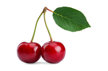 two berries of a ripe juicy red cherry with a green leaf on a white isolated background.