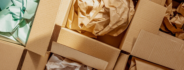 Recycled packaging ,Cardboard boxes with crumpled paper inside for packaging goods from online...