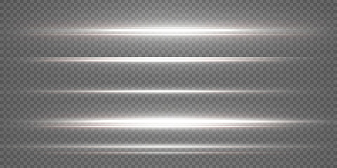 White horizontal lens flares pack. Laser beams, horizontal light rays. Beautiful light flares. Glowing streaks on light background. Collection effect light white line png.	