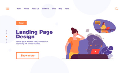 Woman calling service and talking about broken laptop. Computer, problem, table flat vector illustration. Repair and maintenance concept for banner, website design or landing web page