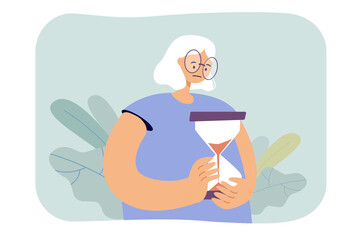 Sad old woman holding hourglass. Elderly character watching time pass flat vector illustration. Time management, age, lifespan, retirement concept for banner, website design or landing web page