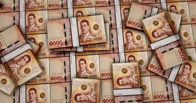 Thai Baht banknotes 3d animation. Camera view from close to long distance. THB money packs. Concept of inflation, economy, crisis, business, banking, debt and finance in Thailand.