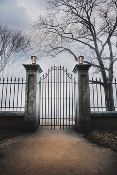3D Rendering, illustration of an old cemetry fence on a foggy day
