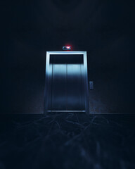3D Rendering, illustration of a closed elevator in a dark lit room.