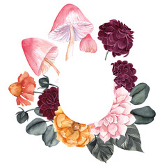 Watercolor tropical frame with cactus, flowers and mushroom, isolated on white background