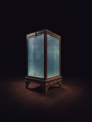 locked water tank used for tricks by magicians and illusionists in a dark wooden background. 3D Rendering, illustration - obrazy, fototapety, plakaty
