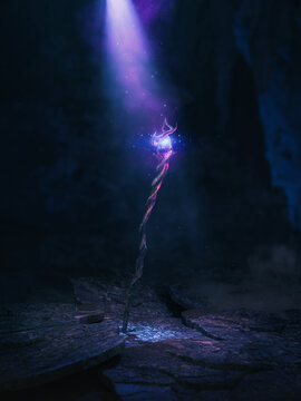 3D Rendering, illustration of a Magical wizard's staff with a glowing gemstone in a  dark cave