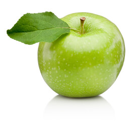 Green apple with leaf isolated on white background