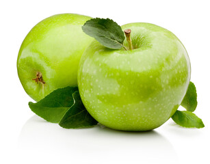 Two green apple with leaf isolated on white background