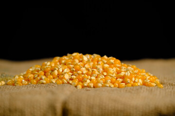 Heap of corn on wicker floor with side light front of black background