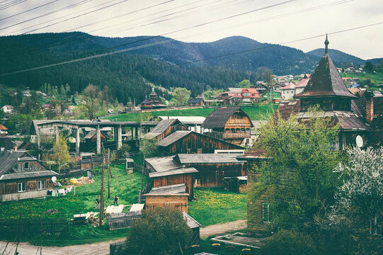 Old Historical Wooden houses in the Carpathian mountains at summer. 