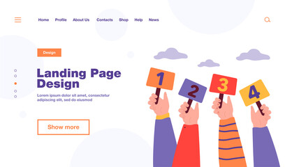 Competition judges vector illustration. Line of hands holding and showing scorecards with scores or grades. For contest game, jury, evaluation, feedback, vote concept