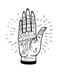 Palmistry Mystic Hand. Vector Illustration. - 440923580
