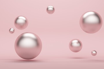 Abstract pink background with metallic flying spheres. 3d rendering