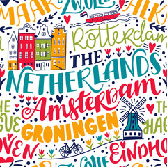 Around the World. THE NETHERLANDS vector lettering seamless pattern. Country and major cities. Vector illustration - 440923742