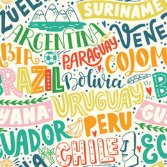 Fototapeta na wymiar Around the World. SOUTH AMERICA vector lettering seamless pattern. Country and major cities. Vector illustration